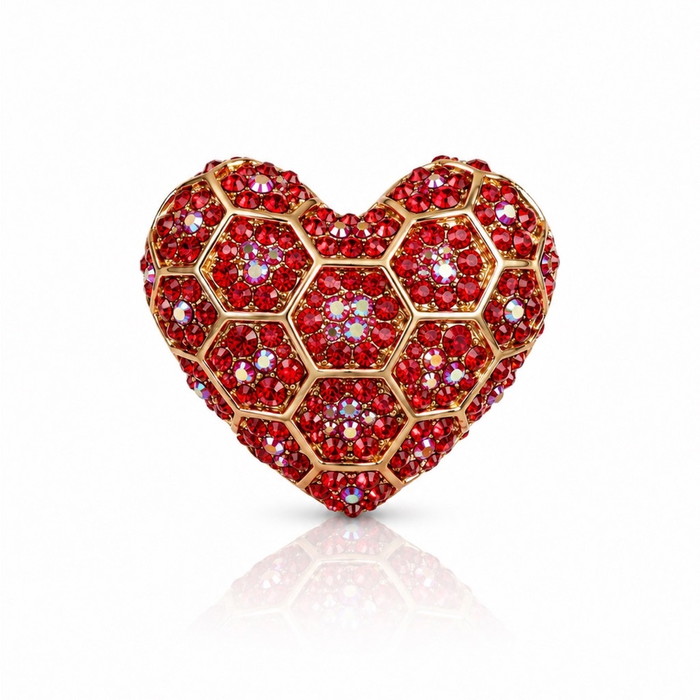 Red Heart Crystal Pavé Brooch - Gold Tone